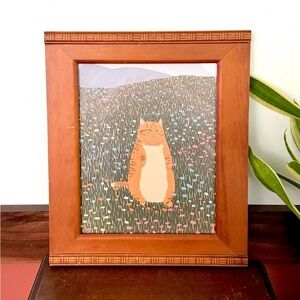 Fat Orange Cat in a Field of Flowers Quirky Canvas Art Print Vintage Wood Framed